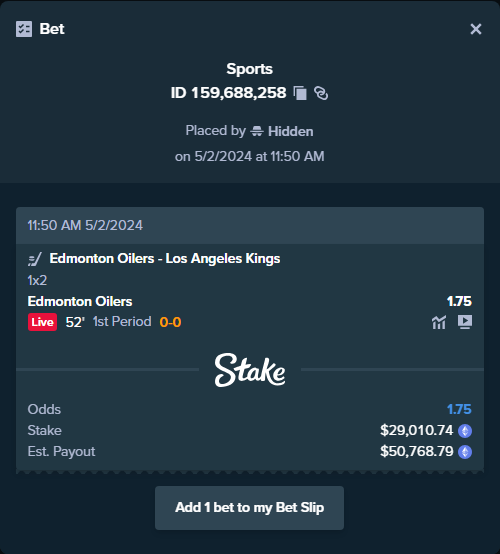 ALERT: New high roller bet posted! A bet has been placed for $29,010.74 on Edmonton Oilers - Los Angeles Kings to win $50,768.79. To view this bet or copy it stake.com/sports/home?ii…