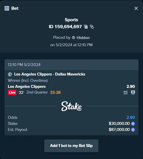ALERT: New high roller bet posted! A bet has been placed for $30,000.00 on LA Clippers - Dallas Mavericks to win $87,000.00. To view this bet or copy it stake.com/sports/home?ii…