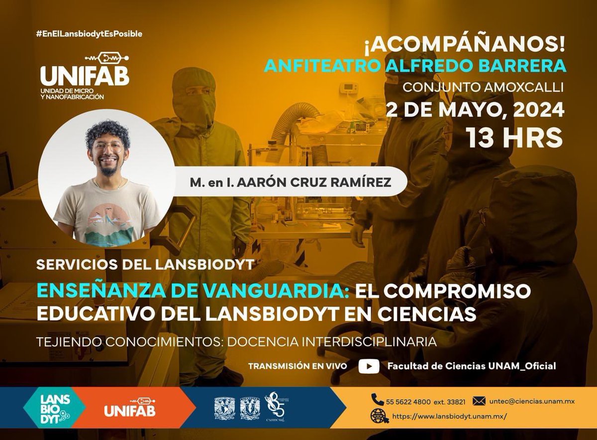 Facultad de Ciencias UNAM (@fciencias) on Twitter photo 🟡 Mañana no te pierdas la presentación <a href="/lansbiodyt/">LaNSBioDyT</a>
"Enseñanza de vanguardia: el compromiso educativo del Lansbiodyt en Ciencias. Tejiendo conocimientos: docencia interdisciplinaria"
M. en I. Aarón Cruz Ramírez
📆Jueves 2 de mayo
⏰13:00 hrs ¡te esperamos!
🌐#EnVivo #YouTube 🟡 Mañana no te pierdas la presentación <a href="/lansbiodyt/">LaNSBioDyT</a>
"Enseñanza de vanguardia: el compromiso educativo del Lansbiodyt en Ciencias. Tejiendo conocimientos: docencia interdisciplinaria"
M. en I. Aarón Cruz Ramírez
📆Jueves 2 de mayo
⏰13:00 hrs ¡te esperamos!
🌐#EnVivo #YouTube