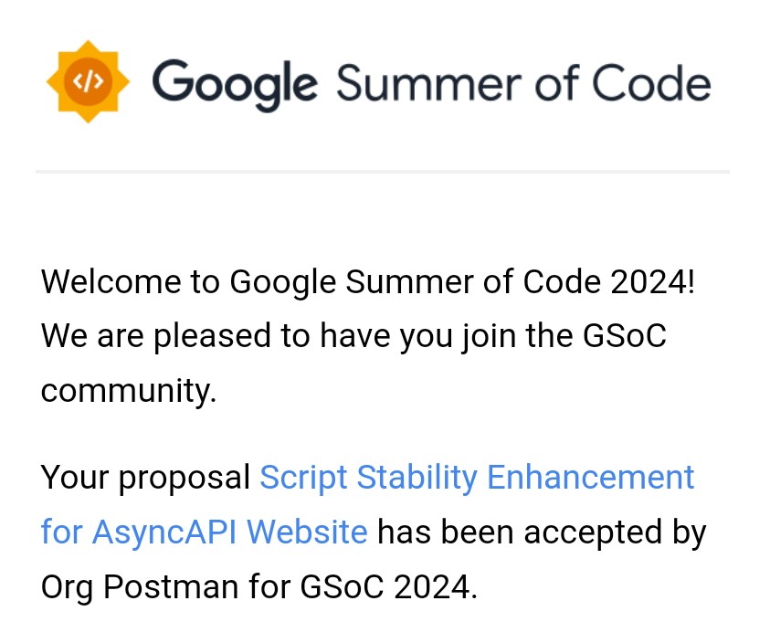 Excited to share that I've been selected for Google Summer of Code 2024 at @getpostman (@AsyncAPISpec)🚀

Grateful for the opportunity to contribute to impactful projects and learn from some of the best in the industry.

#GSoC #Postman #SoftwareDevelopment