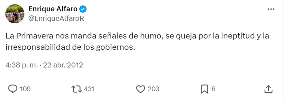 Tuits de @EnriqueAlfaroR que envejecieron terrible y vergonzosamente MAL
Tuits que reflejaron su demagogia y populismo cuando era oposición y ansiaba el poder a como diera lugar
Tantita pinche vergüenza, señor que cobra como gobernador 🤌🤌🤌🤌🤌