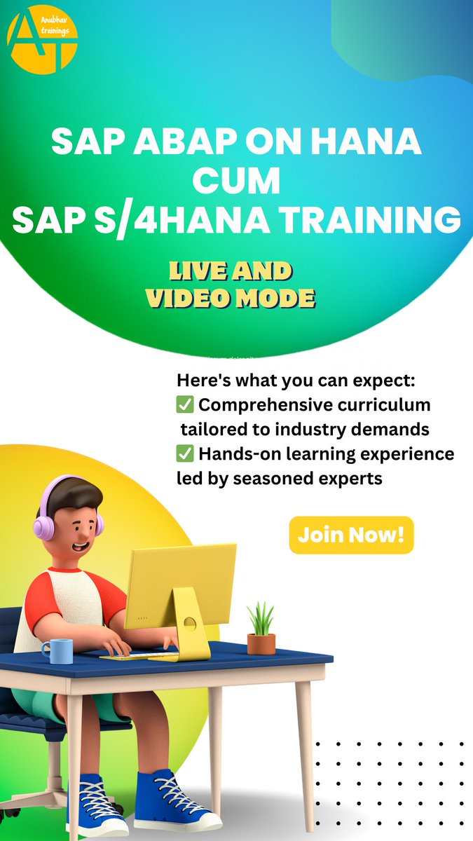 🌟 Dive into the world of SAP ABAP on HANA cum S/4HANA with our brand new live training batch! 🌟

#SAP #ABAPonHANA #S4HANA #Training #CareerDevelopment #LiveBatch #Upskill #ProfessionalGrowth
Mail us : contact@anubhavtrainings.com
Visit: anubhavtrainings.com
