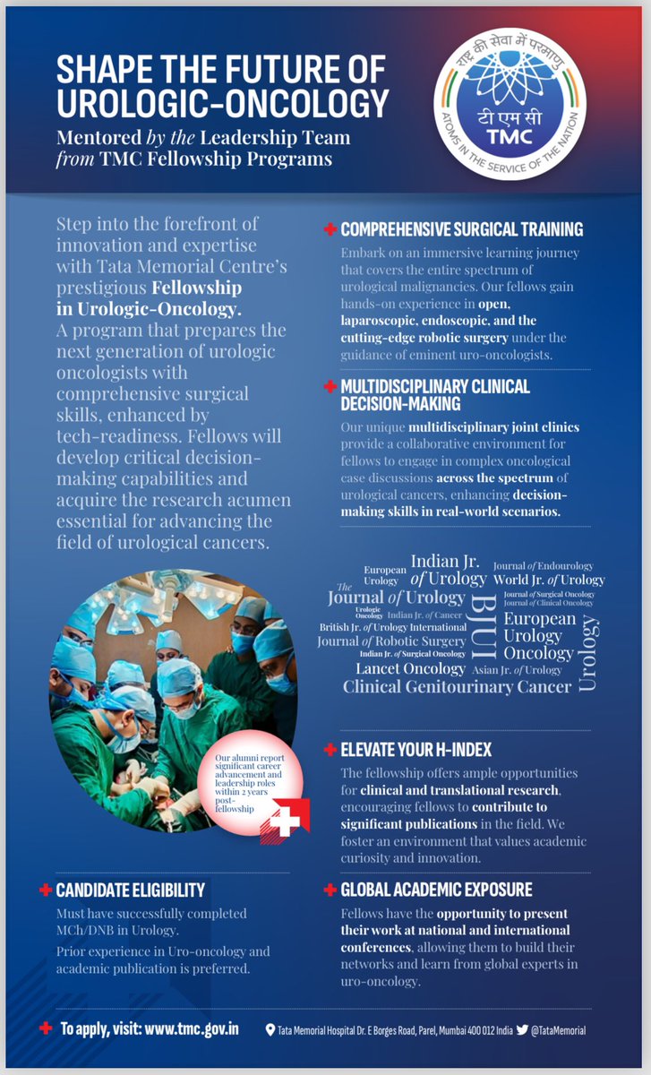 drgaganprakash's tweet photo. Fellowship applications for various Oncology branches for 2024 @TataMemorial &amp; @ACTREC_TMC are now open .. what’s in store in Urologic oncology for post Mch/DNB Urology … https://t.co/707brsN7kL .. apply before 22.5.24 https://t.co/I0Wm7cnuTW