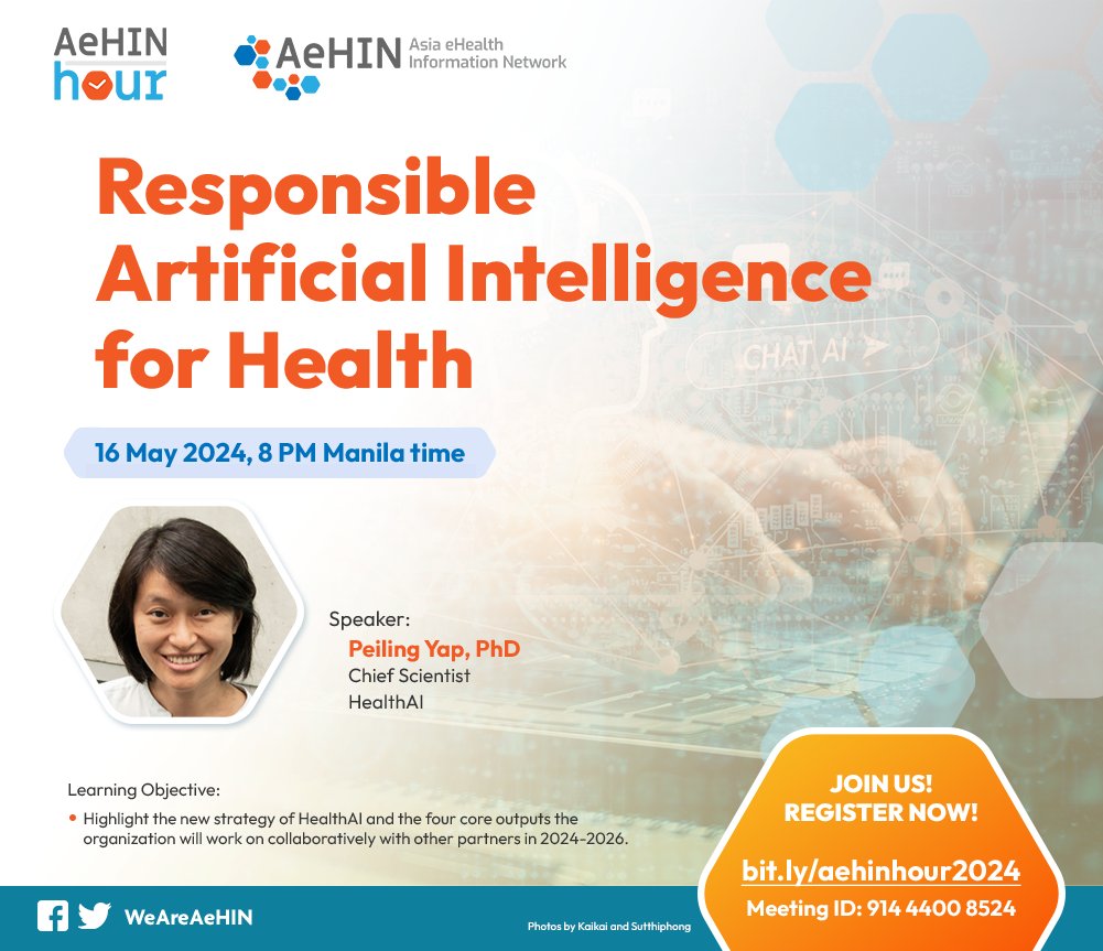 Tune in to our next #AeHINHour webinar to learn about @healthai_agency's new strategy and the four core outputs they will work on with partners in 2024-2026. ✍️ Register at bit.ly/aehinhour2024. 📅 See you on 16 May at 8 PM Manila time.