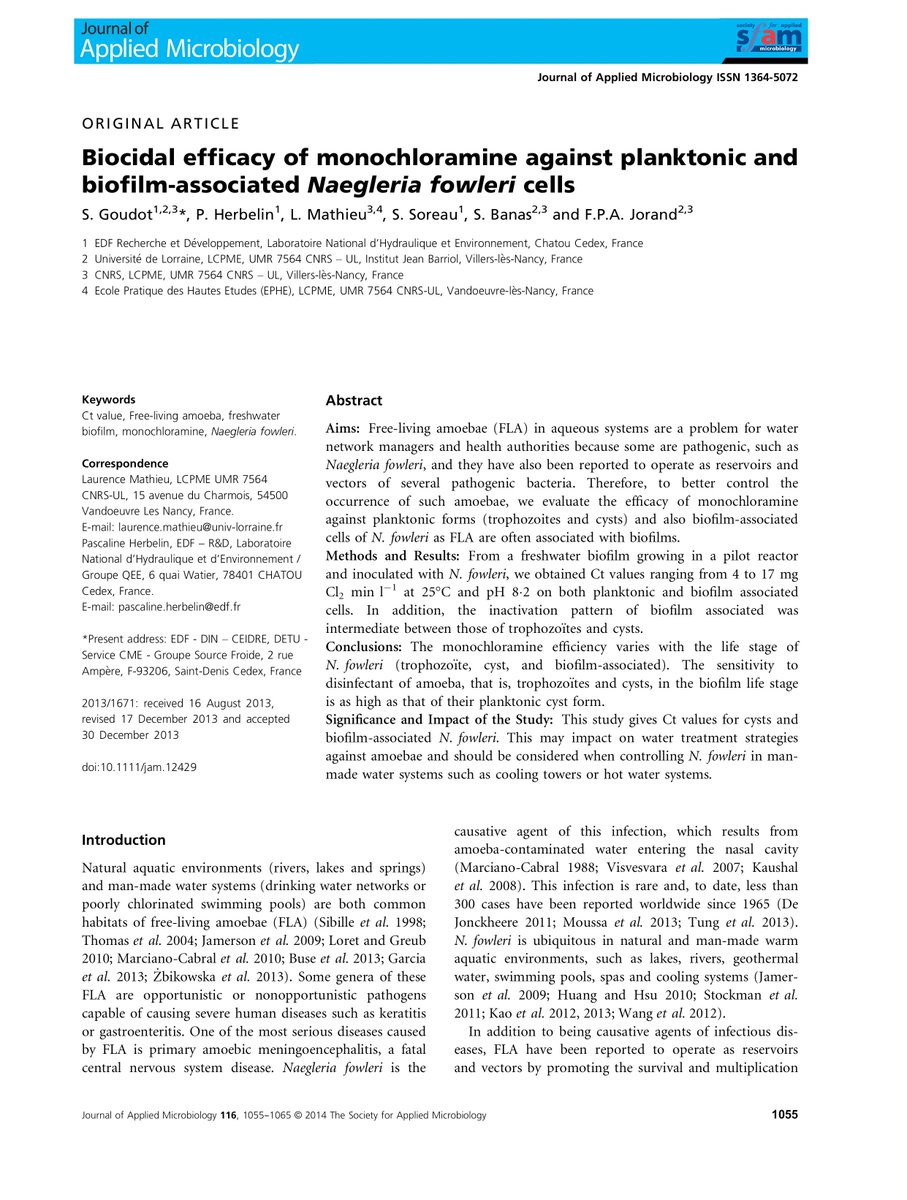 Biocidal efficacy of monochloramine against planktonic and biofilm-associated Naegleria fowleri cells eurekamag.com/research/051/8…