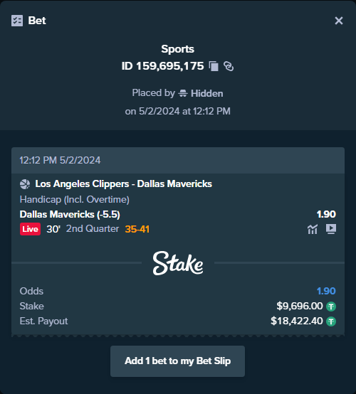 ALERT: New high roller bet posted! A bet has been placed for $9,696.00 on LA Clippers - Dallas Mavericks to win $18,422.40. To view this bet or copy it stake.com/sports/home?ii…