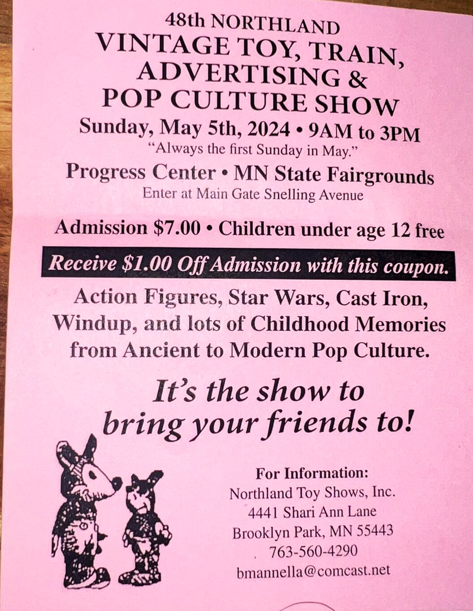 We are so excited for Sunday 5/5. 
#northlandtoyshow is the biggest toy show in Minnesota, it is once a year the show is loaded with toys of all ages. So
Many toys that 1 day is not enough. This is collector’s dream, for toy hunters this show it is a must. #Toys #toyshow