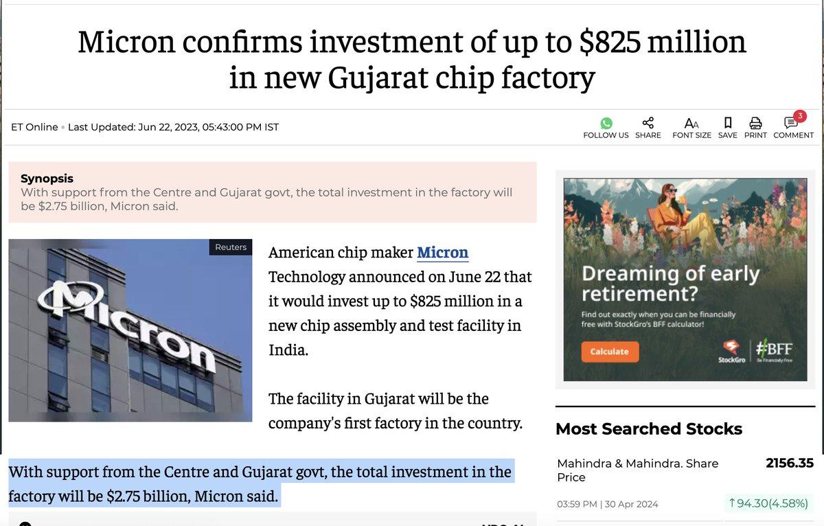 How Modi deprives other states while pumping govt money into Gujarat 👇

Last year, US semiconductor firm Micron announced that it was setting up a facility in Gujarat.

Cost of the facility - $2.75 billion (₹2085 crores)

But wait - of this, Micron is investing only $825…