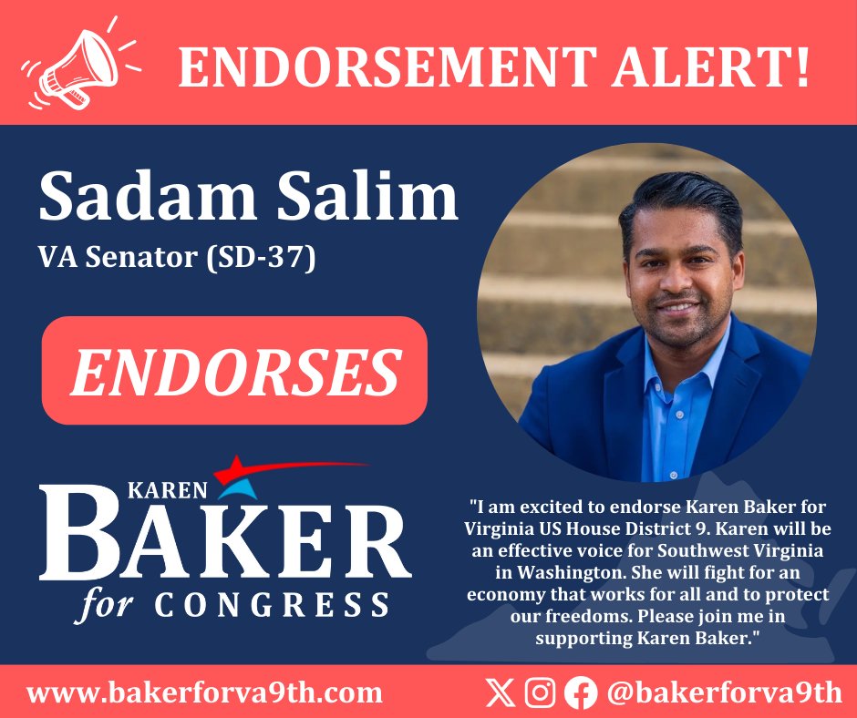 I am so happy to announce the endorsement of Senator Sadam Salim (SD-37). He stands as a fighter for the students, families, and seniors of the Commonwealth of Virginia and I am overjoyed to have his support. Welcome to Team Baker 💪