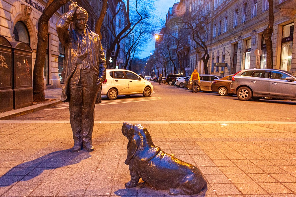 Two beautiful statues in Budapest of Lieutenant Columbo and his dog, Dog.