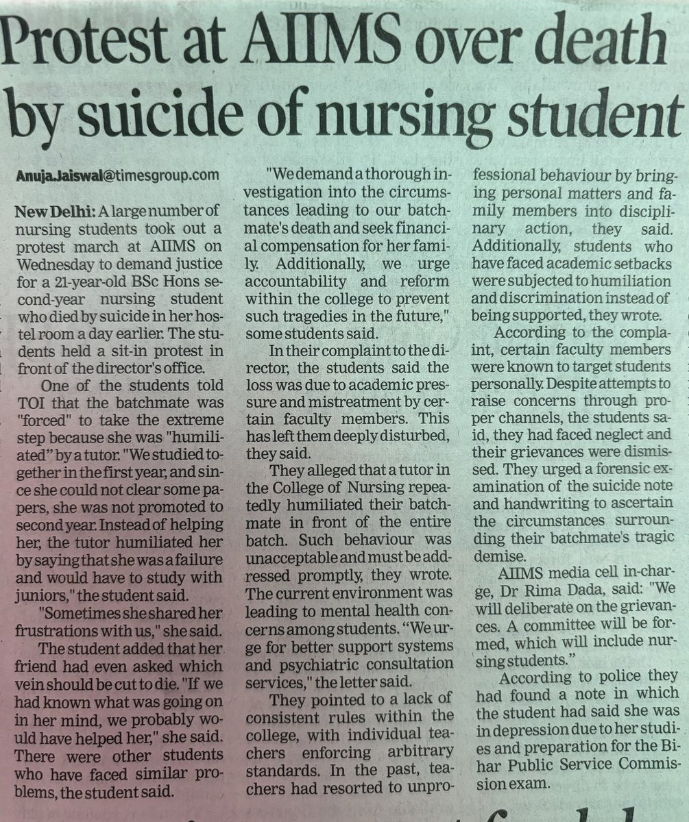 Suicide of Nursing Student is tragic ! Faculty, Tutors, Seniors need to be more sensitive, supportive and compassionate towards students. RDA along with Nursing Association should take up this issue with authorities @aiims_newdelhi @AIIMSRDA @AnujaJaiswalTOI