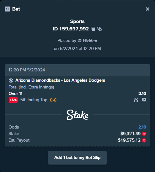 ALERT: New high roller bet posted! A bet has been placed for $9,321.49 on Arizona Diamondbacks - Los Angeles Dodgers to win $19,575.12. To view this bet or copy it stake.com/sports/home?ii…