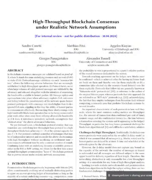 The key part of the Cardano Ouroboros Leios whitepaper abstract is 'we obtain for the first time a near optimal throughput permissionless 'Layer-1' blockchain protocol that is proven secure under realistic network assumptions'. The translation is: it's fast AF. #Cardano…