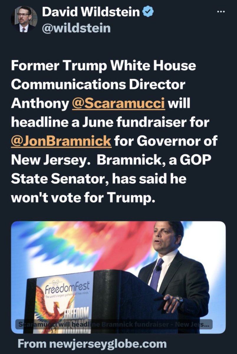 I have, in my career, elected two Governor's of New Jersey. Currently my dog has a better chance of being elected governor than RINO @JonBramnick2025 . Now @Scaramucci will deliver the kiss of death.