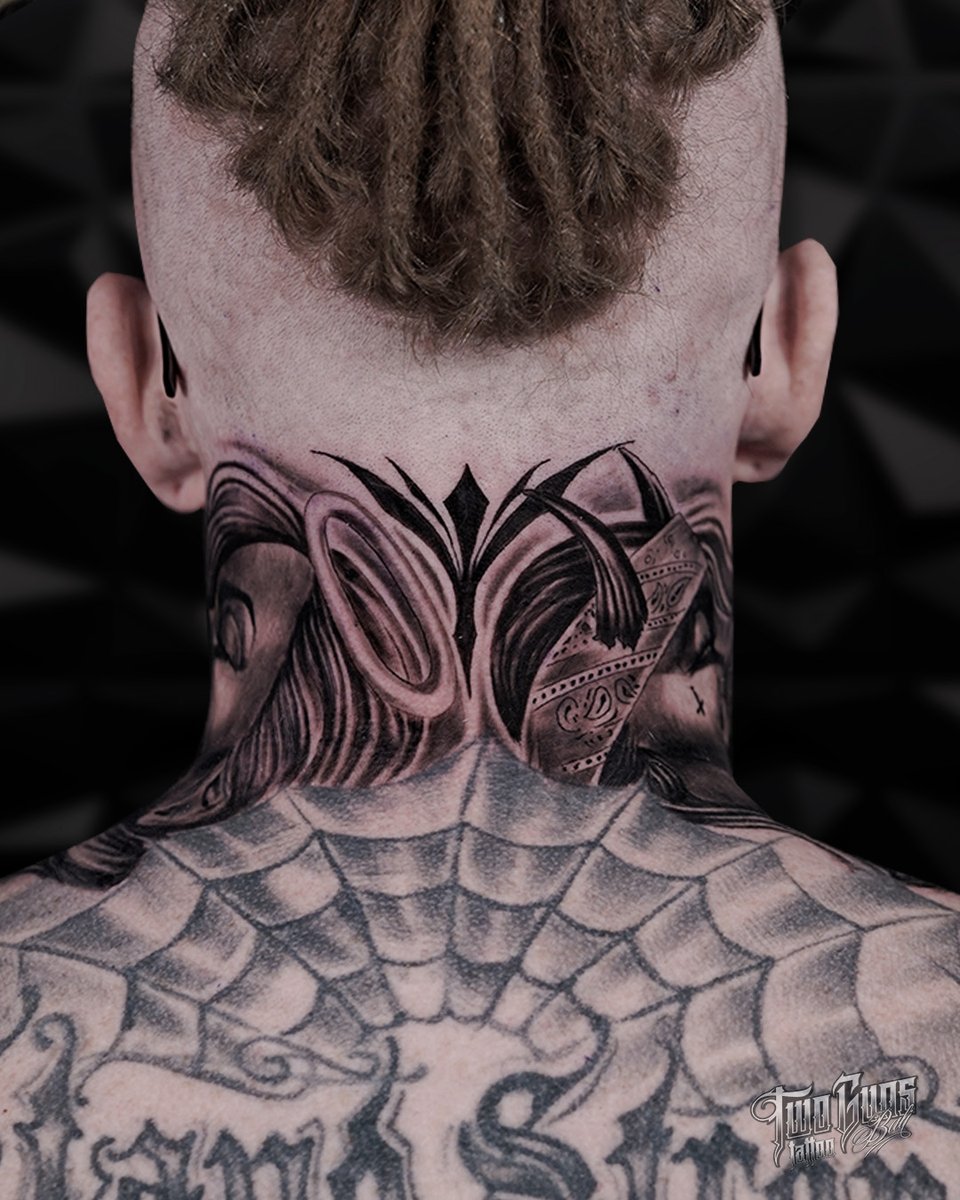 ☠️Ouch, that looks painful☠️
> Art by Andrew <
💀Bali's Premium Tattoo Studio
☠️New Zealand Owned & Operated
💀World-Class, Award Winning Artists
☠️Custom Freehand & Digital Design
#twogunstattoobali #necktattoo #blackandgreytattoo #realistictattoo #angeltattoo  #deviltattoo
