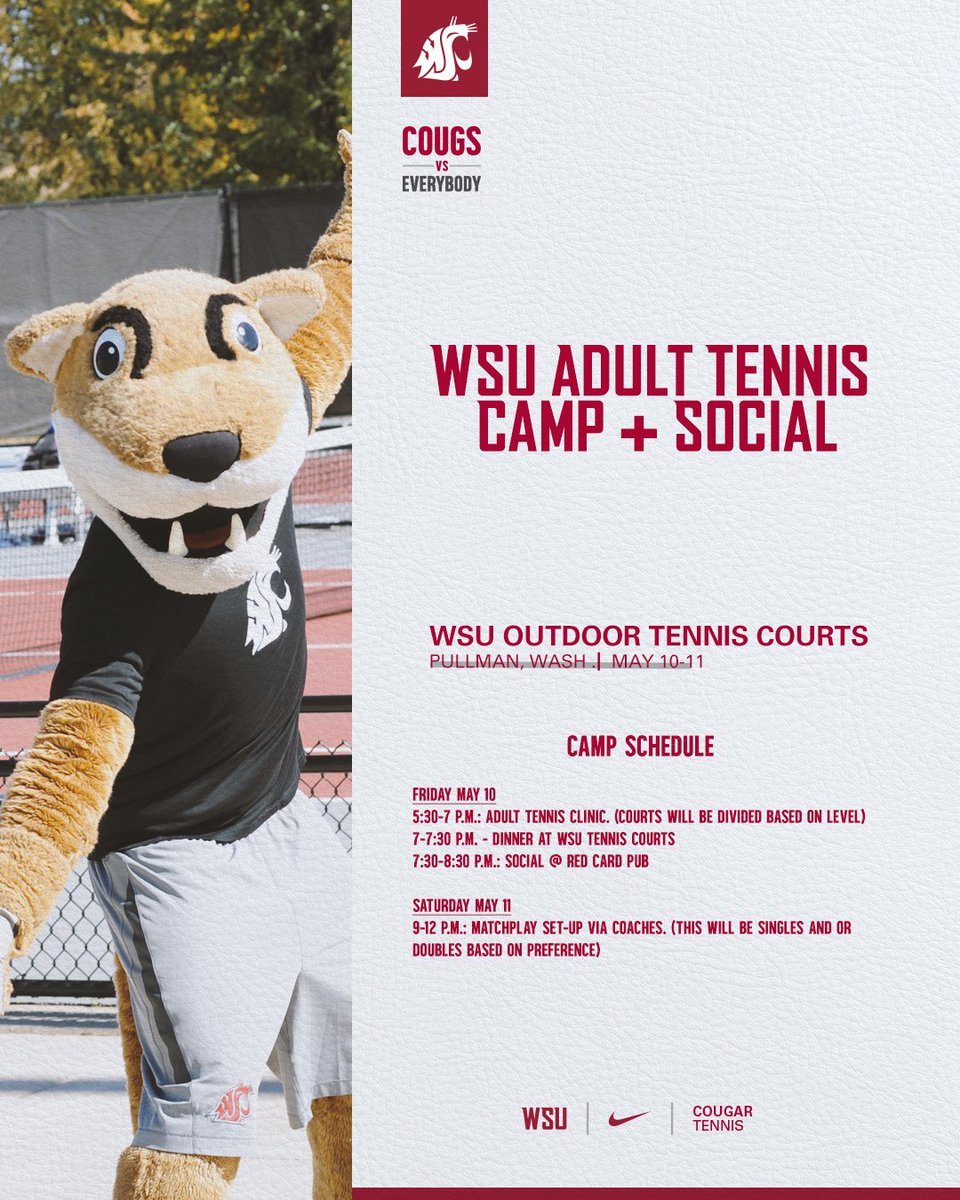 Show your tennis skills at the WSU Adult Tennis Camp + Clinic, May 10-11. Join the Cougar Tennis staff and enjoy learning from the best. Sign up now by clicking the link 👇: 🔗 wsuwomenstenniscamps.totalcamps.com/shop/EVENT #GoCougs
