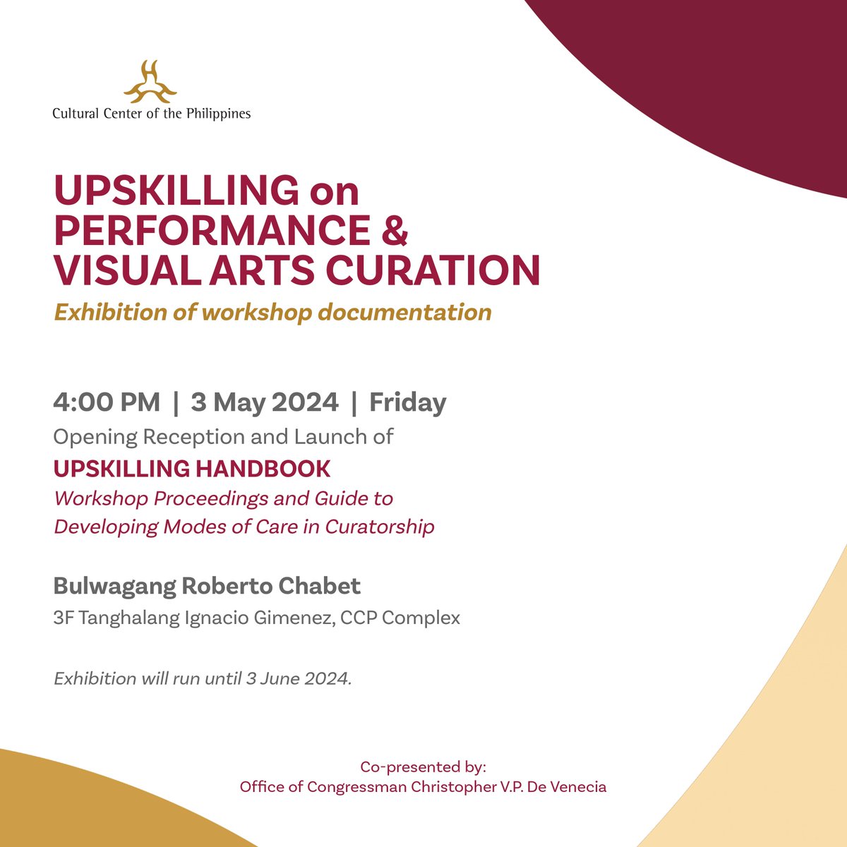 Join us TOMORROW (3 May 2024) for the opening reception and launch of “ UPSKILLING HANDBOOK: Workshop Proceedings and Guide to Developing Modes of Care in Curatorship” 💫

The program starts at 4:00 PM at the Bulwagang Roberto Chabet (3F, Tanghalang Ignacio Gimenez). See you! ⤵️