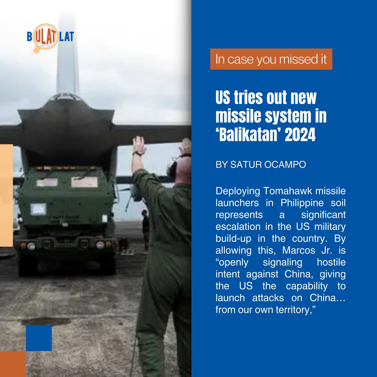 ICYMI | The Marcos Jr. administration appears to be “slowly but surely allowing the country to be dragged into the massive US-led military build-up against China, threatening to engulf the whole region in war.” Read: bulatlat.com/2024/04/27/us-…