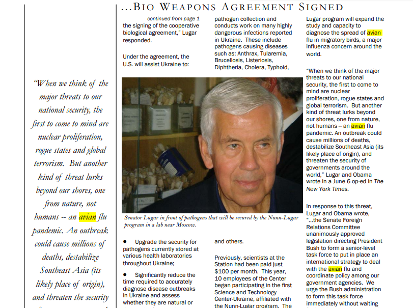 NEW NUNN-LUGAR BIOLOGICAL AGREEMENT SIGNED IN UKRAINE-  Obama (2005) Avian Influenza

media.nti.org/pdfs/148_2.pdf