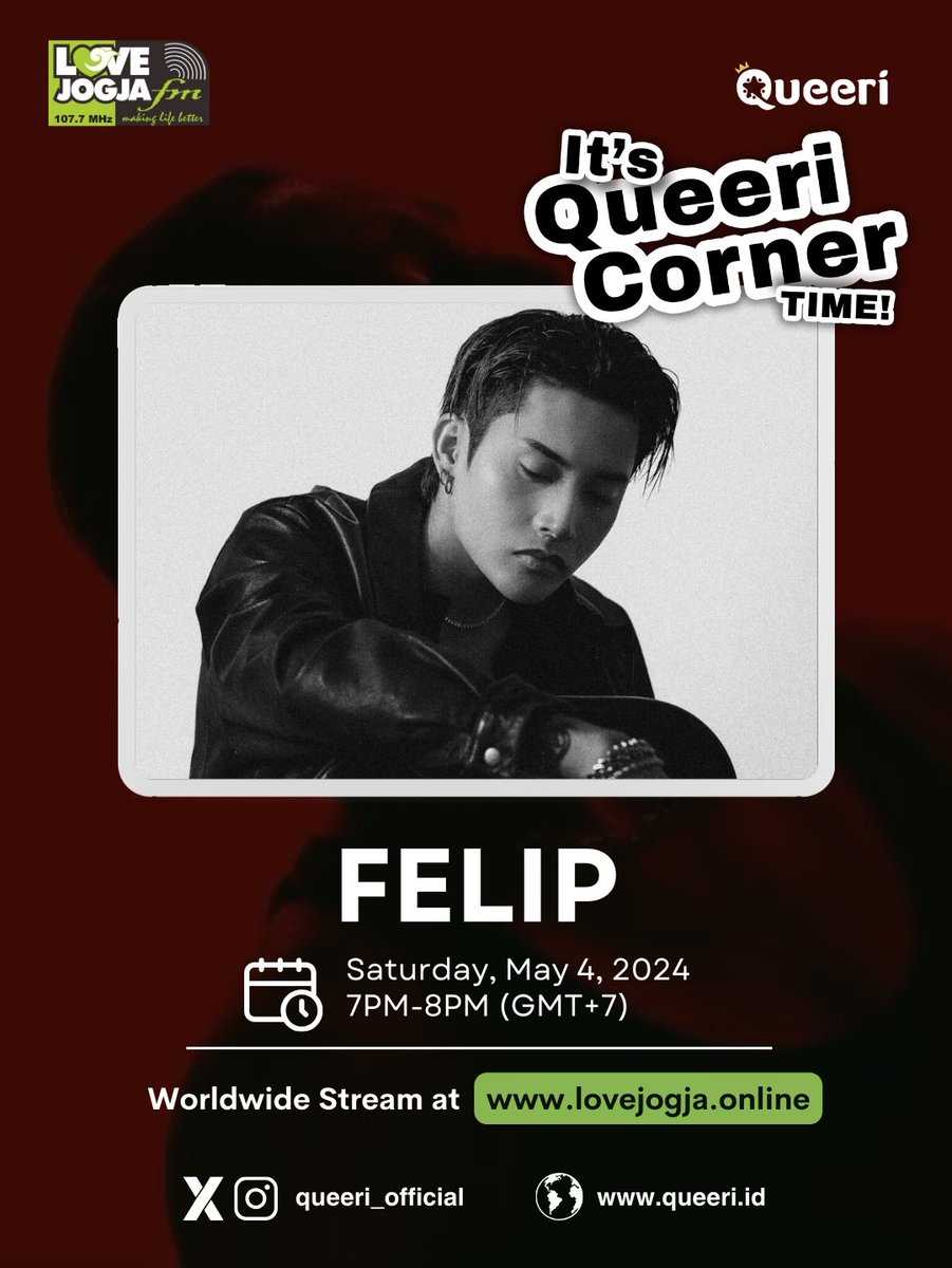 Don't miss Queeri Corner broadcast at Radio Love Jogja FM 📻 An Hour #FELIP Radio Listening Party! Streaming at lovejogja.online on Saturday, May 4th at 7PM-8PM (GMT+7) Jakarta Time. Stay tuned! #Queeri #Queeri_Vote #Queeri_Corner