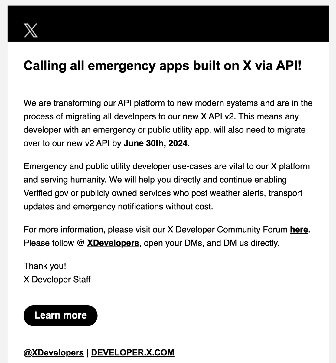 LorenWinzeler's tweet photo. Kudos!  X (twitter) is finally thinking ahead for emergency and public use cases of the api that might be impacted at the end of June. https://t.co/hwVzqf99Xt