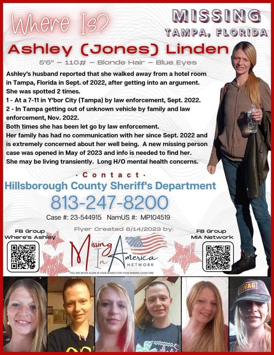 #MISSINGPERSON #BOLO Ashley (Jones) Linden is still missing last seen Nov. 2022 in Y'bor City (Tampa Florida) please help share her flyer. #MissingFlorida #Missing #Repost