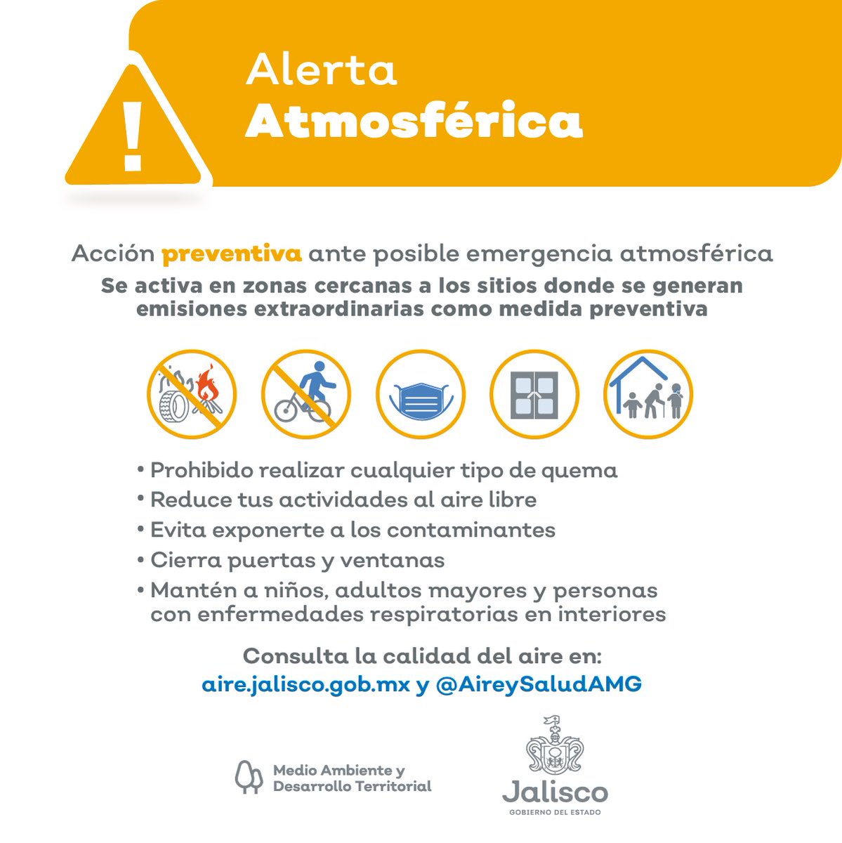 SEMADET informa: A las 21:00 horas se #Activa #AlertaAtmosférica en los municipios de #Tala #Zapopan #Guadalajara y #TlajomulcoDeZuñiga por #IncendioForestal 🔥🌲en @BosquePrimavera Cuida tu salud y mantente informado 😷