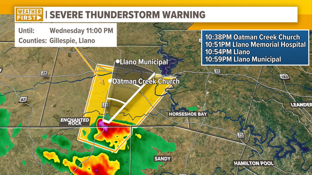 A NEW Severe Thunderstorm Warning is now in effect until 11 p.m. for northeastern Gillespie and eastern Llano counties, with the potential for large hail most certainly there. This storm could reach Llano by just prior to 11 p.m. #ATXWx #TXWx