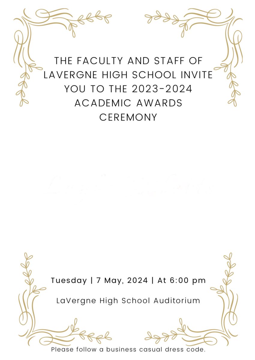 Parents, students, and faculty, please join us for our Academic Awards Ceremony this Tuesday at 6pm in the auditorium. Students who are receiving awards received invitations earlier this week. <a href="/DrHatchett_LHS/">Theowauna Hatchett</a>