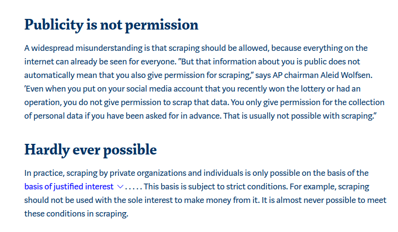 🚨EU stupidity alert: The Dutch DPA implies that search engines like Google/DuckDuckGo are almost always illegal since they scrape websites in an untargeted manner for commercial purposes. The battle for the legality of web search has shifted from copyright to data protection.