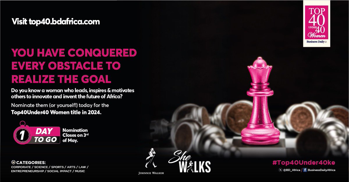 1 MORE DAY TO GO: Nominate a deserving woman, or yourself, today for the Business Daily Top 40 Under 40 Women 2024!
Visit top40.bdafrica.com to submit your nomination. Nominations close on 3rd May 2024.

@JohnnieWalkerKE

#Top40Under40KE #SheWalks #NominateNow #KeepWalking