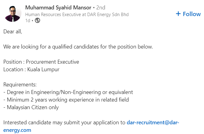 Vacancy Alert!!
Position : Procurement Executive

Interested candidate may submit your application to dar-recruitment@dar-energy.com

#kerjakosong #jawatankosong #peluangkerjaya #carikerja #hiringnow #jobstreet #MyFuturejobs
----------------------------
Follow @jobsharingMY for…
