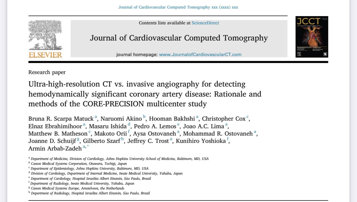 I am proud to be a part of the CORE PRECISION study as an interventional/structural cardiologist to investigate the diagnostic accuracy of ultra-high resolution CT. Method paper led by @ScarpaBrunaR . sciencedirect.com/science/articl…