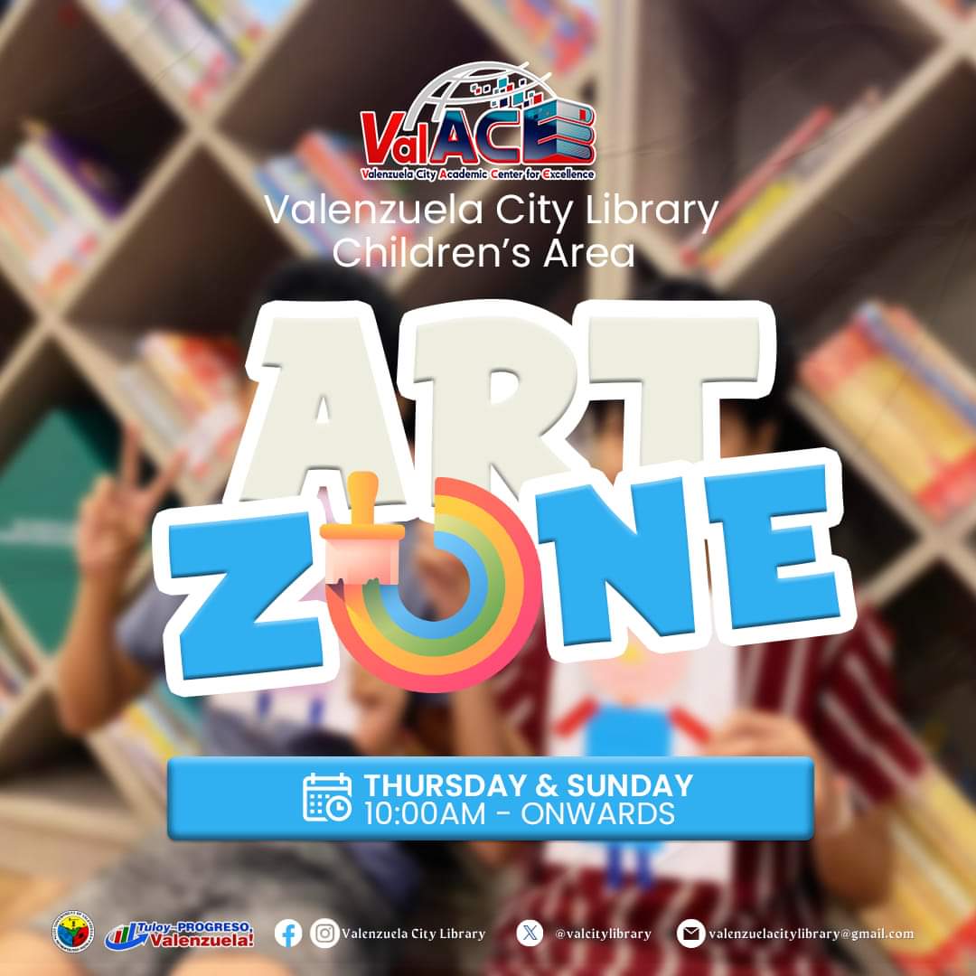 Maging malikhain sa Valenzuela City Library (ValACE), batang Valenzuelano! Kitakits po ngayong Huwebes para sa ating 𝗔𝗿𝘁 𝗭𝗼𝗻𝗲! #ValACE #ValenzuelaCityLibrary #AklatanNatinIto #AkoAtAngAklatan