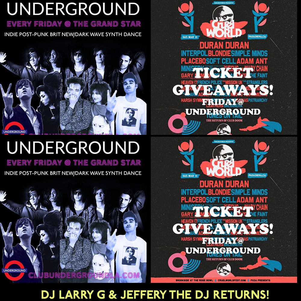 UNDERGROUND x CRUEL WORLD w/Guest Jeffery The DJ &amp; DJ Larry G. 🖤 FRIDAY 🖤 Let's Dance! UNDERGROUND Weekend Kickoff
Join legendary LA dance party this FRIDAY! Indie, Post-Punk, BritPop, New/Dark Wave, Synthpop/Electro, 80s-Now Dance Party!
Discount tix: clubundergroundla.com