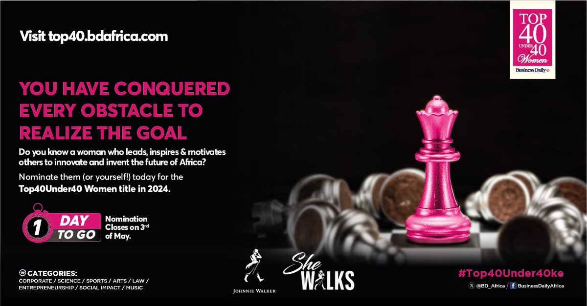 1 MORE DAY TO GO: Nominate a deserving woman, or yourself, today for the Business Daily Top 40 Under 40 Women 2024!
Visit top40.bdafrica.com to submit your nomination. Nominations close on 3rd May 2024.

@JohnnieWalkerKe

#Top40Under40KE #SheWalks #NominateNow #KeepWalking