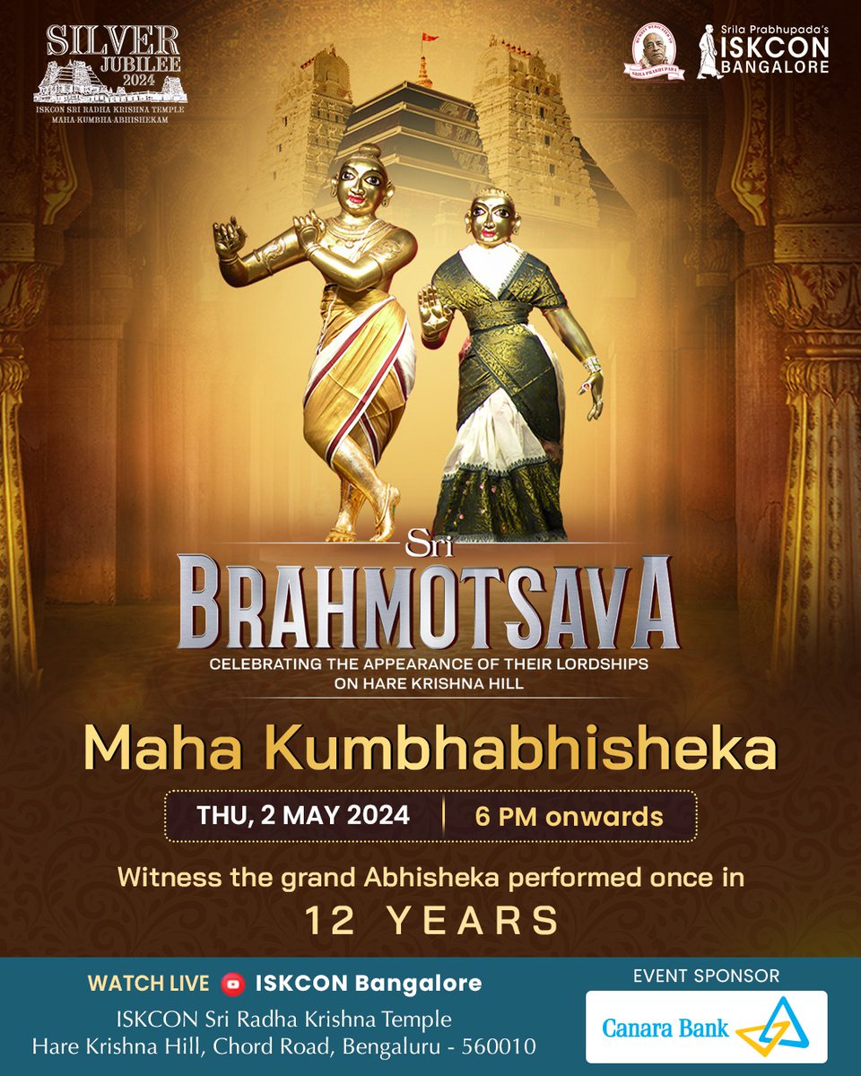 ISKCON Bangalore will perform an elaborate Maha Kumbhabhisheka to Their Lordships on 2 May 2024 with auspicious items amidst the chanting of Veda mantras and grand kirtans. This momentous ceremony is performed to the mulavar-vigrahas only once in 12 years.

Witness this…