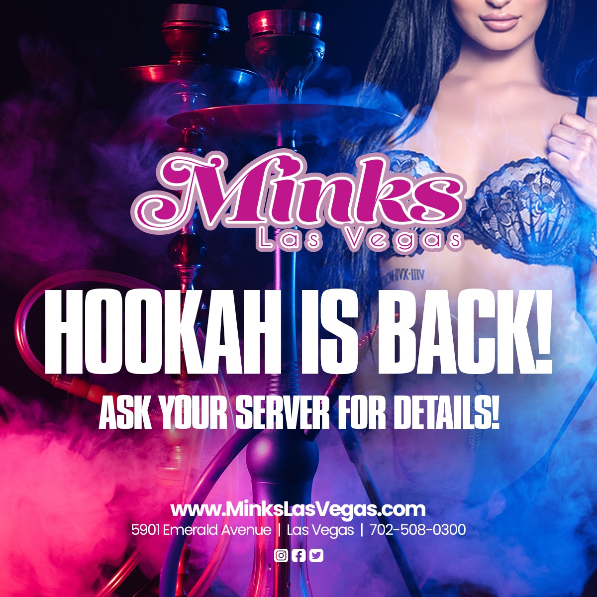 💨 Hookah is back at Minks! 💨 Come enjoy a relaxing evening with friends and great food while puffing on a hookah. 🤩 Ask your server for details. #hookah #relaxation #minksrestaurant 🤗