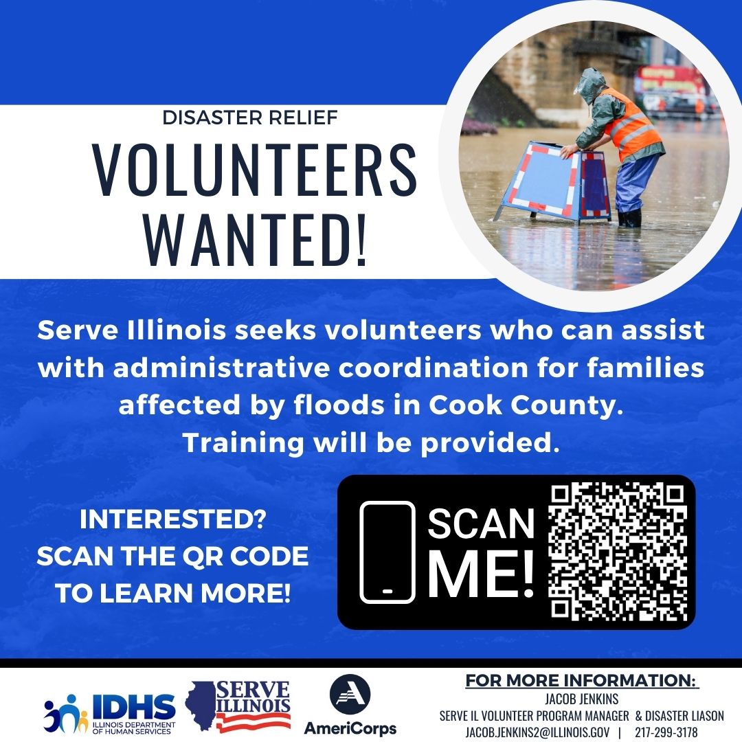 Disaster Volunteers Wanted! During the month of September, heavy rains caused flooding in several areas throughout Cook County. If you have a heart for service and would like to help these communities recover, please visit: serveillinois.galaxydigital.com/need/detail/?n… @ILHumanServices