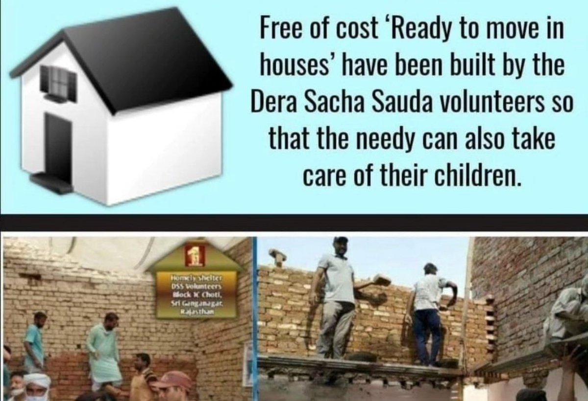 Free of cost 'Ready to move in houses' have been built by the Dera Sacha Sauda volunteers so that the needy can also take care of their children. #HopeForHomeless means Aashiyana initiative is the campaign started by Saint Ram Rahim Ji for homeless peoples.