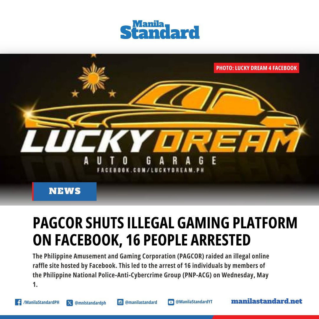 The suspects were behind the Lucky Dream 4 FB page. They held an office inside a subdivision in Biñan, Laguna, where they were caught livestreaming their 50th unauthorized raffle event, PAGCOR said.

READ:
manilastandard.net/news/news-flas…
