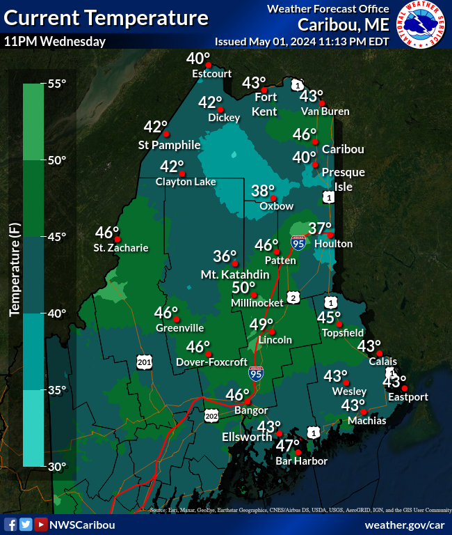 Current temperatures across northern and eastern Maine. #MEwx