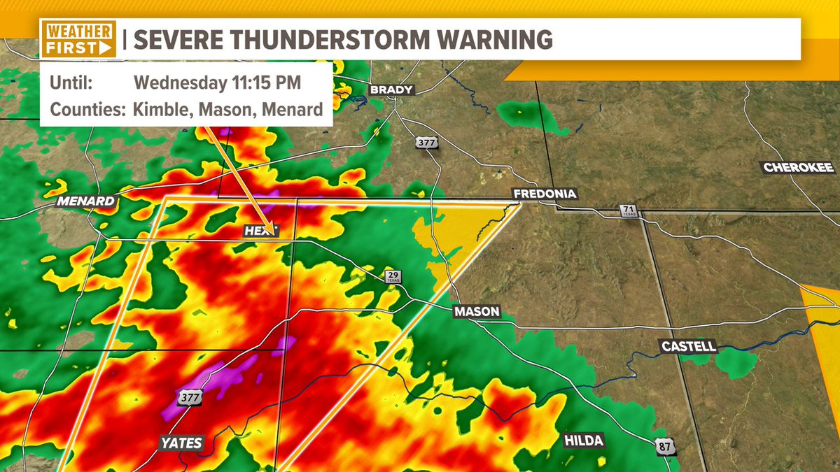 Another Severe Thunderstorm Warning is in effect for northwestern Mason County until 11:15 p.m. for one-inch hail and damaging winds of around 60 mph. If you're in the Streeter area, you may want to watch this closely. #TXWx