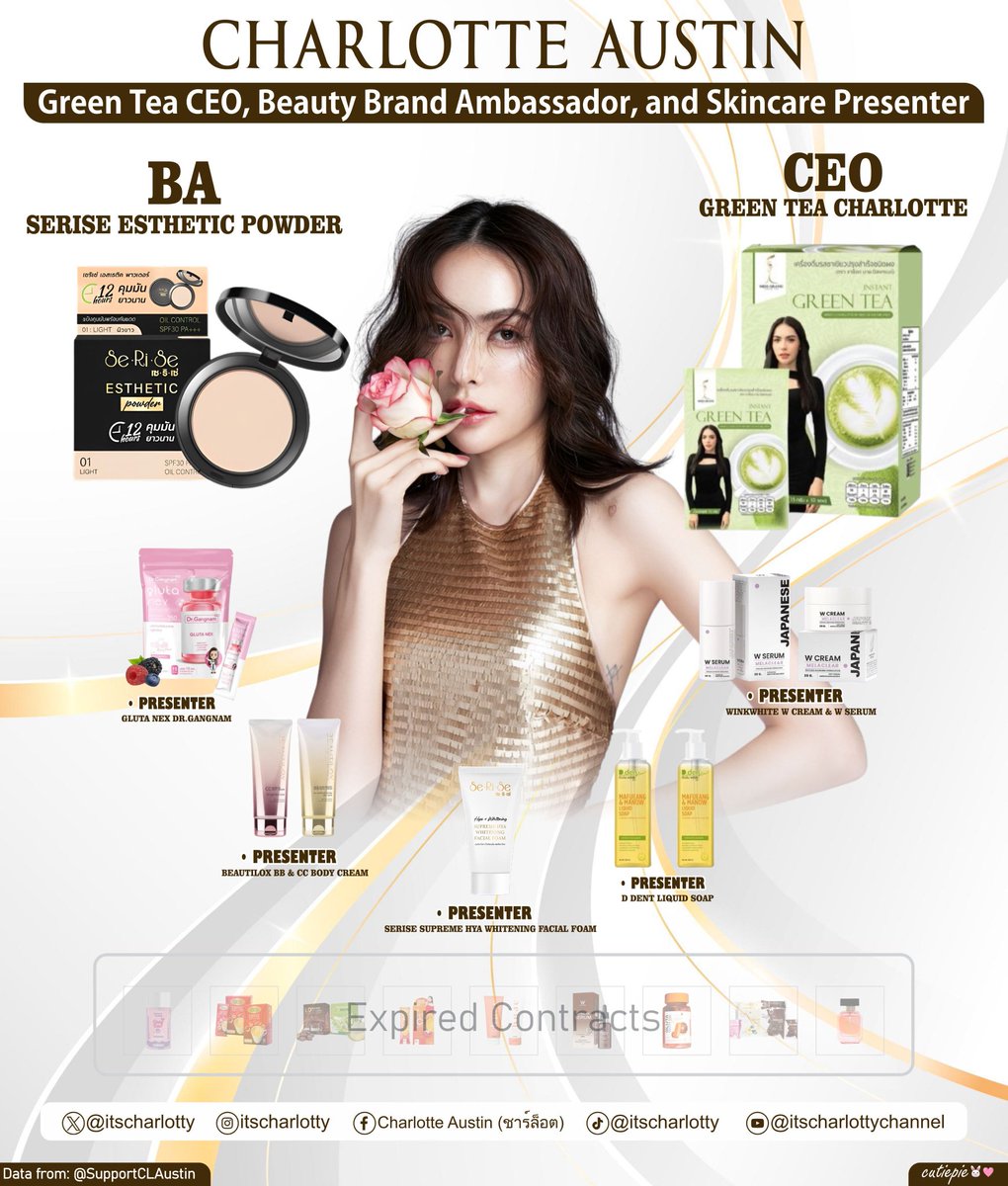 •CEO GREEN TEA CHARLOTTE
•CL x GLUTA NEX
•CL x D DENT LIQUID SOAP
•CL x SERISE ESTHETIC POWDER
•CL x SERISE SUPREME HYA WHITENING FACIAL FOAM
•CL x W CREAM & W SERUM
•CL x BEAUTILOX BB & CC BODY CREAM

BY YOUR SIDE CHARLOTTE02
#ชาล็อตออสติน #CharlotteAustin
@itscharlotty