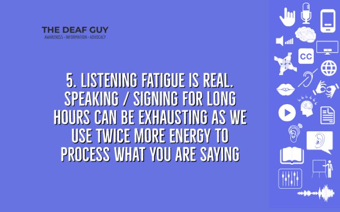 1/6:

On listening fatigue:

As we use twice more mental energy to  process signs (they are usually not exactly what a person said) and verbatim (lipreading alone), we can stop ‘listening• due to fatigue!

It is important to allow breaks to Deaf/ Hard of Hearing

#BetterByFar
