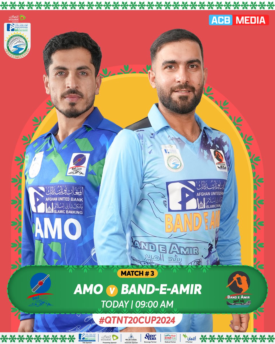 Etisalat Presents, Afghan United Bank - Qosh Tepa National T20 Cup 2024 🏆 🆚 Match #3: Band-e-Amir Region ⚔️ Amo Region 🕤 9:00 AM (AFT) 📆 Today, May 2 🏟️ Kabul National Stadium, Kabul #QNTNCup2024 | #BARvAMOR