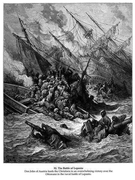 Battle of Lepanto in 1571
Gustave Dore
Date: 1877
Style: Romanticism
Series: Bibliotheque des Croisades
Genre: illustration
Media: lithography
Location: Private Collection