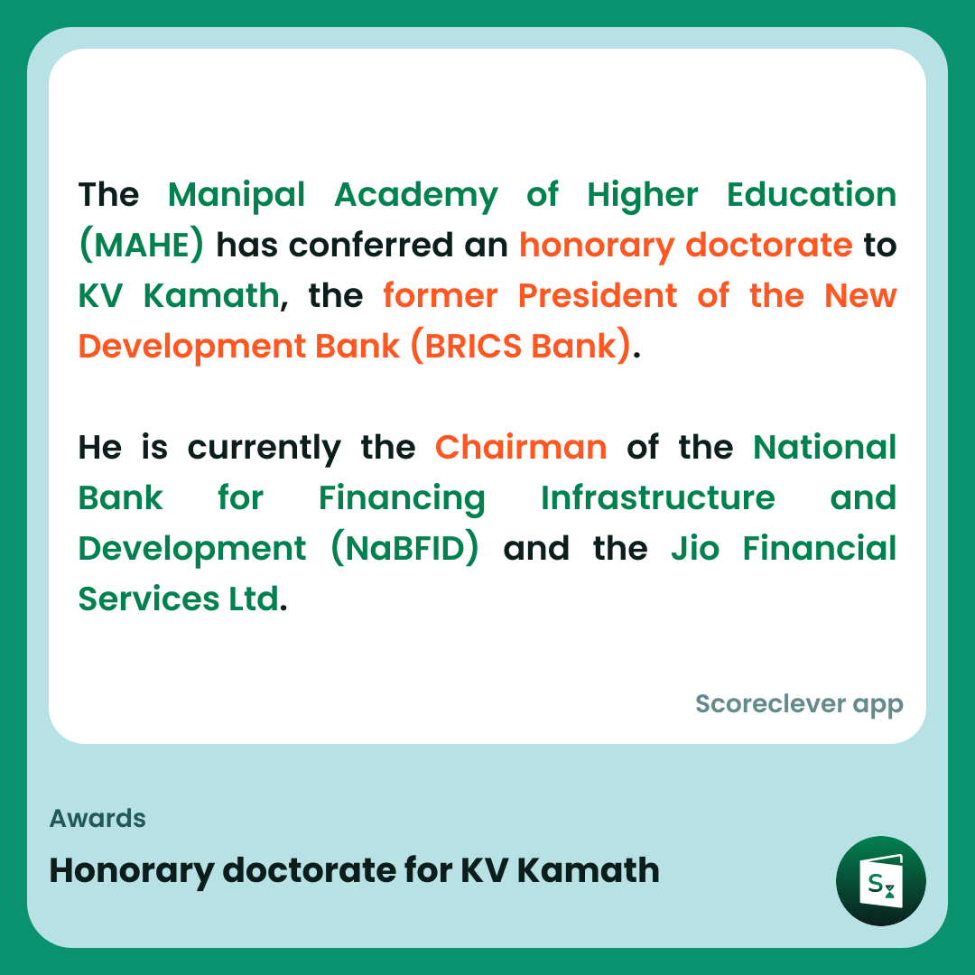 🟢🟠 𝐈𝐦𝐩𝐨𝐫𝐭𝐚𝐧𝐭 𝐍𝐞𝐰𝐬: Congratulations to KV Kamath on receiving an honorary doctorate from MAHE! #Education #Banking #Leadership

✅ Follow Scoreclever News for daily updates

#ExamPrep #UPSC #IBPS #SSC #GovernmentExams #DailyUpdate #News #UPSC #SSC