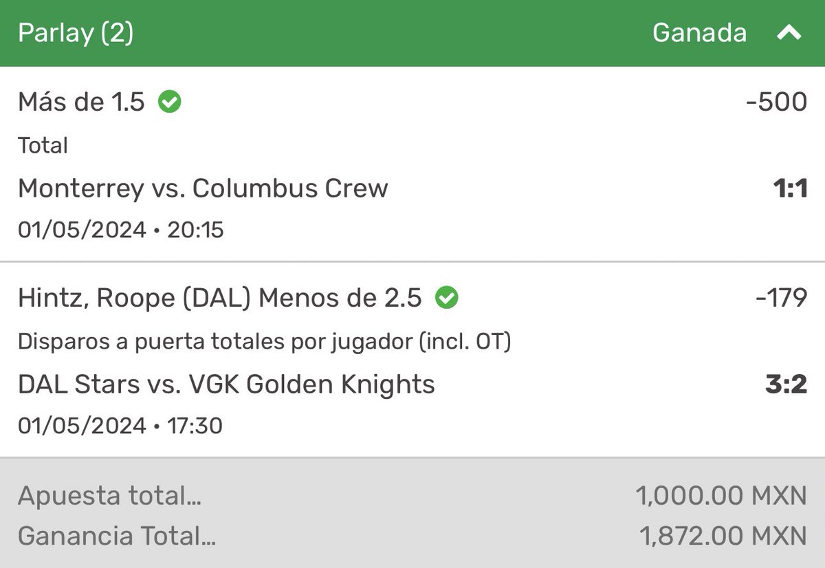 PASO #2 COMPLETADO ✅🍏✅

De 1,000.00 para 1,872.00

#ConcacafChampionsCup #apuestasdeportivas #NHL #apuesta