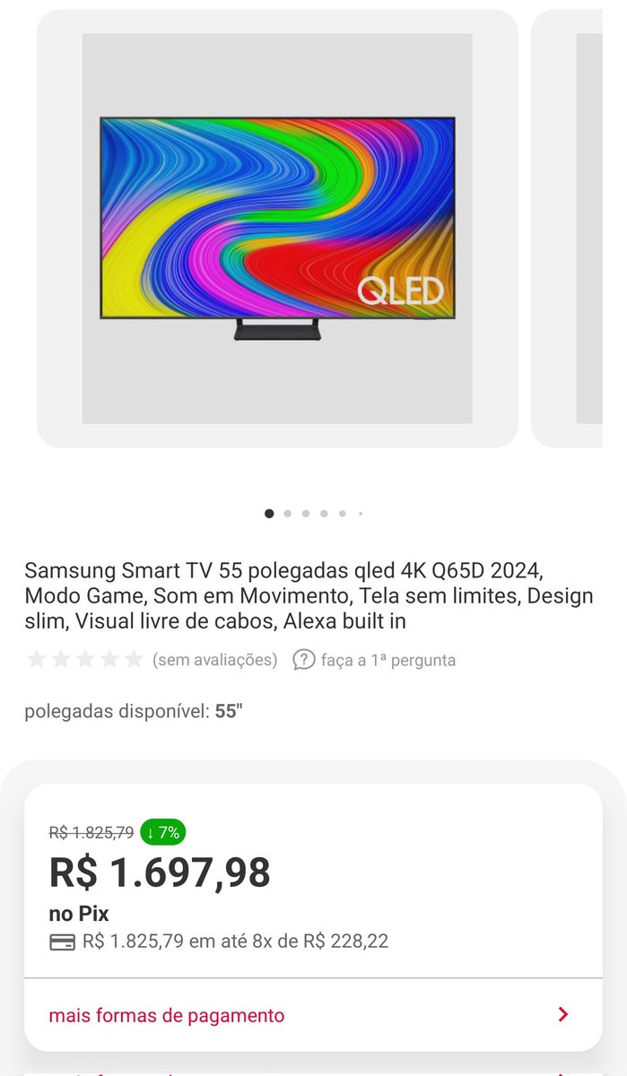 Tá barato demaisss

🔥🔥 Samsung Smart TV 55 polegadas qled 4K Q65D 2024 - R$1697

americanas.com.br/produto/749060…